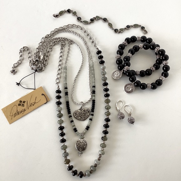 Patricia Nash Silver Tone 3 Piece Tiger's Eye Green And Black Modular Necklace - Picture 9 of 12